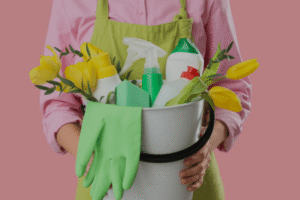Cleaning supplies used to reduce dust and allergens in spring