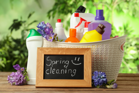 Spring cleaning supplies and flowers for reducing household allergens