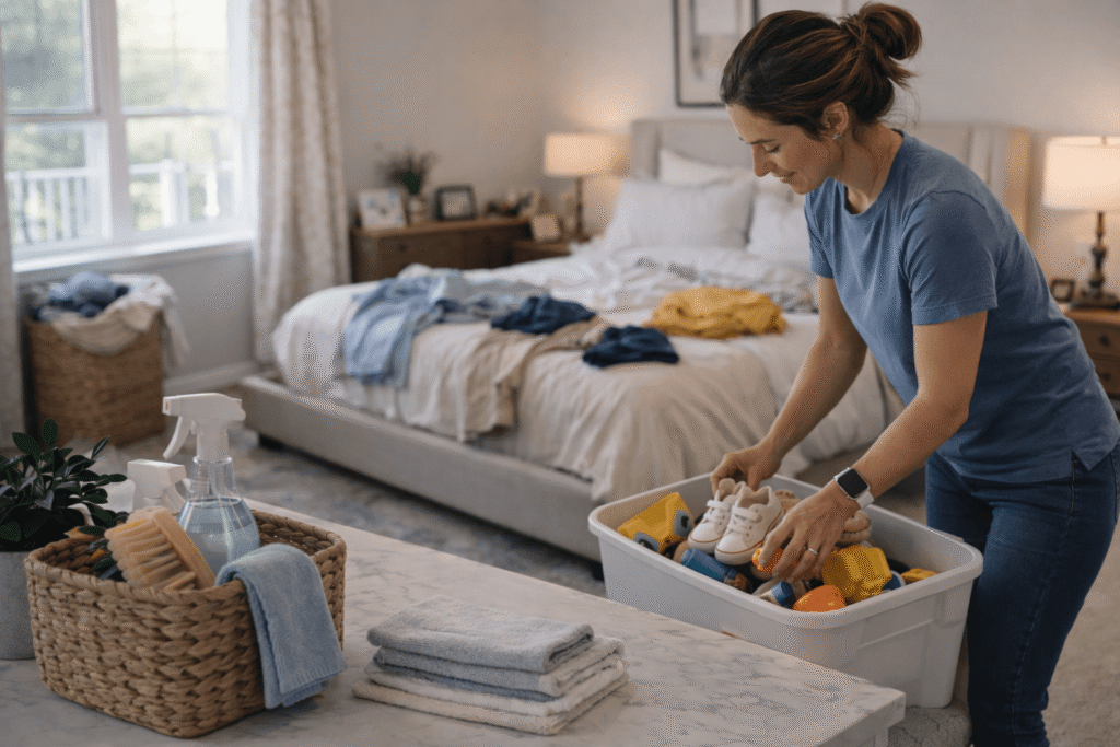 woman organizing bedroom before cleaning