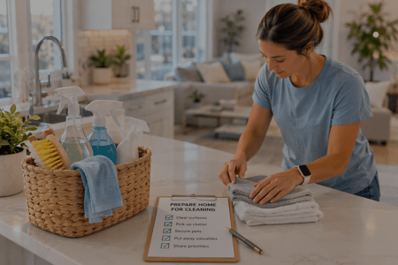 woman preparing home for cleaning with checklist